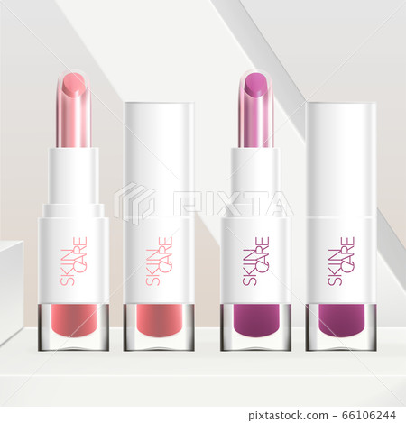 Vector Dual Layers Core Lipstick with White Tube and Transparent Base Packaging. Minimal Geometric White Background. 66106244