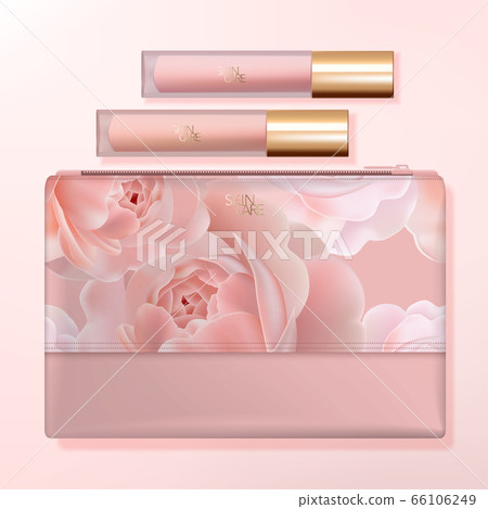 Vector Wash Bag, Travel Kit Set or Beauty Cosmetic Bag with Lip Gloss Packaging. Pink Rose Pattern Printed. 66106249