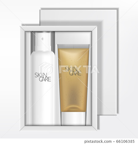 Vector Beauty, Skincare, Body Care or Toiletries Card Fitment Cardboard or Corrugated Cartoon White Packaging Box with Transparent Tube & Spray Bottle. Vector Beauty, Skincare, Body Care or Toiletries Card Fitment Cardboard or Corrugated Cartoon White Packaging Box with Transparent Tube & Spray Bottle. 66106385