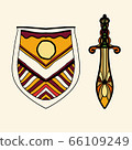 The stylized shield and sword are located side by side, presenting the idea of chivalry and the old European aristocracy. 66109249