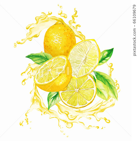 Yellow lemons and leaves in the splash of yellow juice 66109679
