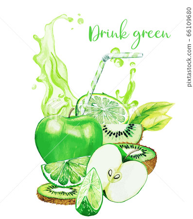 Green fruits composition with green juice splash 66109680