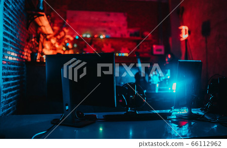 Desk studio content creator editing video footage 66112962