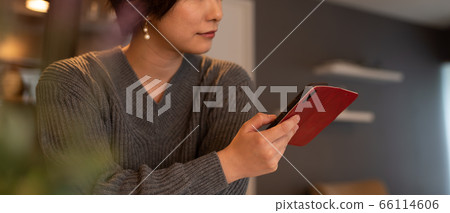 Beautiful woman searches on smartphone 66114606