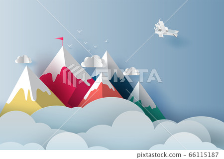 Nature Landscape Plane flying over targeted top colorful mountain with red flag on blue sky. 66115187