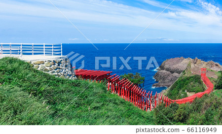 在日本山口縣長門市的藍色海襯有紅色牌坊大門的元智海神社（元智稻荷神社） 66116949
