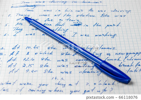 Sheets of school student notebook scribbled with a blue ballpoint pen. 66118076
