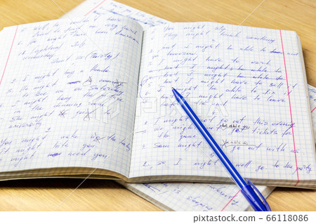 Sheets of school student notebook scribbled with a blue ballpoint pen. 66118086