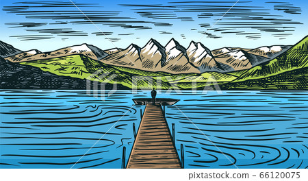 Mountain landscape background. Alpine peaks. Vintage Mount. Travel concept. Sea with a wooden bridge Mountain landscape background. Alpine peaks. Vintage Mount. Travel concept. Sea with a wooden bridge 66120075