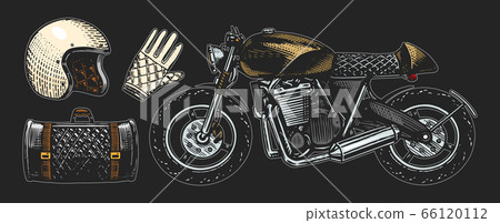 Motorcycle or Bike, retro motor bicycle. Leather bag, helmet and gloves. Hand drawn engraved Motorcycle or Bike, retro motor bicycle. Leather bag, helmet and gloves. Hand drawn engraved 66120112