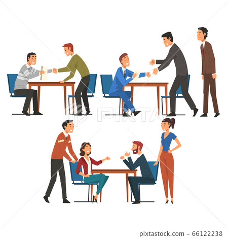 Business Negotiations Set, Businesspeople Sitting at Table and Discussing Work Strategy, Exchanging Information, Solving Problems Cartoon Vector Illustration Business Negotiations Set, Businesspeople Sitting at Table and Discussing Work Strategy, Exchanging Information, Solving Problems Cartoon Vector Illustration 66122238