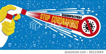 Hand holding and pressing down on nozzle of bottle spraying disinfectant Hand holding and pressing down on nozzle of bottle spraying disinfectant 66122664