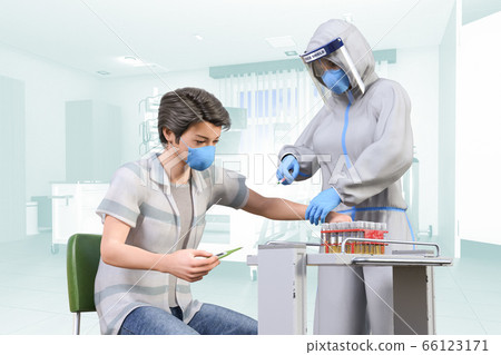 Healthcare workers in face shields and protective clothing pass vaccination of medication to positive patients 66123171