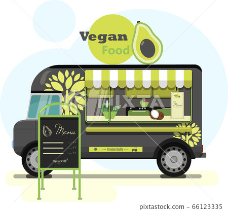Street food truck with vegetarian food. Vector flat illustration of a vegan diner on wheels with a striped awning, an eco tree pattern on a van, and an advertising stand. Stylish retro illustration of 66123335