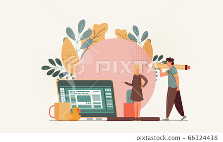 Working process with notebokk and people. Flat Working process with notebokk and people. Flat 66124418