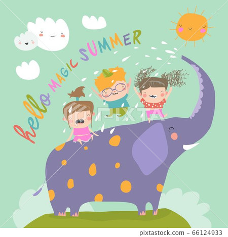 Happy kids with big elephant meet summer Happy kids with big elephant meet summer 66124933