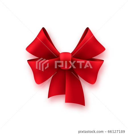 Gift silk red bow. Shiny textile decoration on present for birthday or christmas, vector holiday element Gift silk red bow. Shiny textile decoration on present for birthday or christmas, vector holiday element 66127189