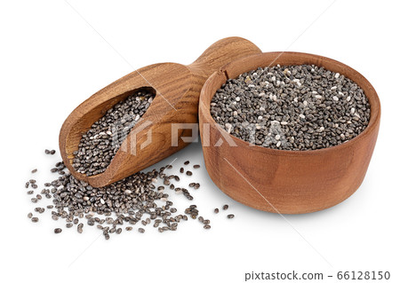 Chia seeds in wooden bowl isolated on white background with clipping path and full depth of field. Chia seeds in wooden bowl isolated on white background with clipping path and full depth of field. 66128150
