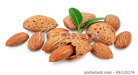 Almonds nuts with leaves isolated on white background with clipping path and full depth of field. Almonds nuts with leaves isolated on white background with clipping path and full depth of field. 66128174