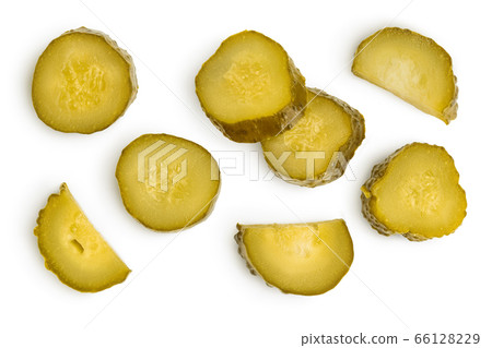 Marinated pickled cucumber slices isolated on white background with clipping path and full depth of field. Top view. Flat lay Marinated pickled cucumber slices isolated on white background with clipping path and full depth of field. Top view. Flat lay 66128229