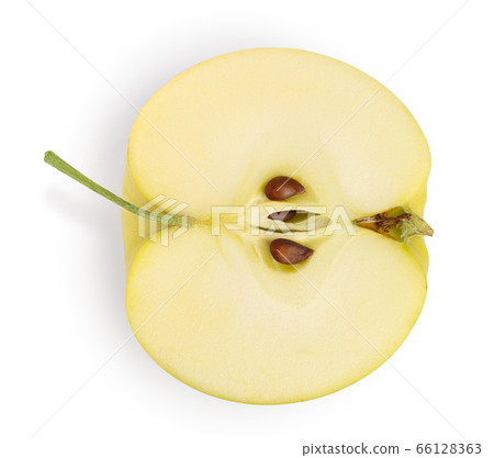 yellow apple half isolated on white background with clipping path and full depth of field. Top view. Flat lay. yellow apple half isolated on white background with clipping path and full depth of field. Top view. Flat lay. 66128363