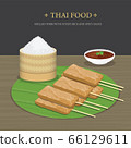Set of Traditional Thai food, Grilled Pork with sticky rice and spicy sauce over banana leaf. Cartoon Vector illustration. 66129611