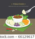 Set of Traditional Thai food, Shrimp Paste Chili Sauce (Nam Prik Ka Pi) with fresh vegetables. Cartoon Vector illustration. 66129617