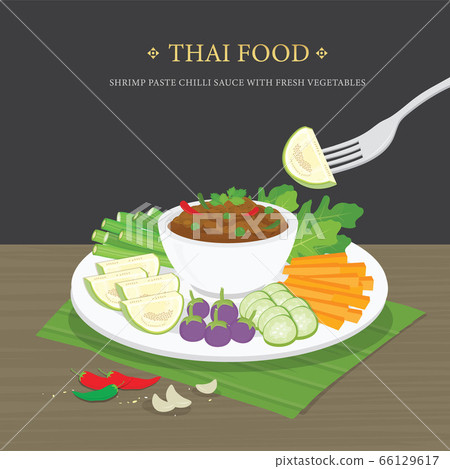 Set of Traditional Thai food, Shrimp Paste Chili Sauce (Nam Prik Ka Pi) with fresh vegetables. Cartoon Vector illustration. Set of Traditional Thai food, Shrimp Paste Chili Sauce (Nam Prik Ka Pi) with fresh vegetables. Cartoon Vector illustration. 66129617