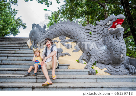 Happy tourists dad and son in LongSon Pagoda Happy tourists dad and son in LongSon Pagoda 66129718
