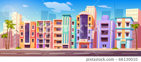 Street in Miami with hotels and palm trees 66130010