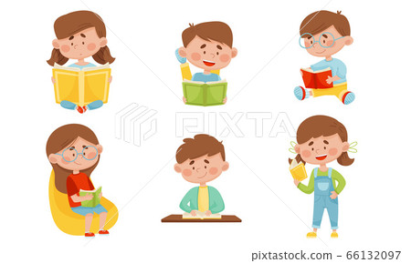 Kids in Sitting and Lying Pose Reading Book... - Stock Illustration ...
