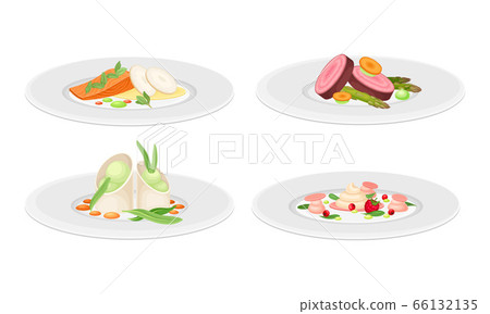 Haute Cuisine or Grande Cuisine with Meticulous Food Preparation and Serving on Plate Side View Vector Set Haute Cuisine or Grande Cuisine with Meticulous Food Preparation and Serving on Plate Side View Vector Set 66132135