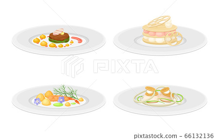 Haute Cuisine or Grande Cuisine with Meticulous Food Preparation and Serving on Plate Side View Vector Set Haute Cuisine or Grande Cuisine with Meticulous Food Preparation and Serving on Plate Side View Vector Set 66132136