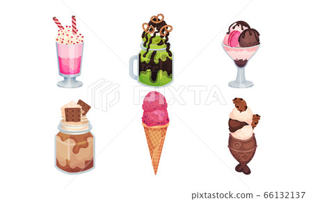 Ice Cream with Chocolate and Creamy Toppings in Waffle and Glass Tub Vector Set Ice Cream with Chocolate and Creamy Toppings in Waffle and Glass Tub Vector Set 66132137