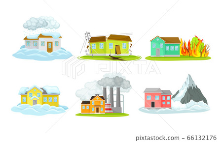 Houses Undergoing Natural Disasters Like Fire and Avalanche Vector Set Houses Undergoing Natural Disasters Like Fire and Avalanche Vector Set 66132176