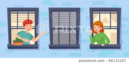 Neighbors looking out window and talk to each other 66132287