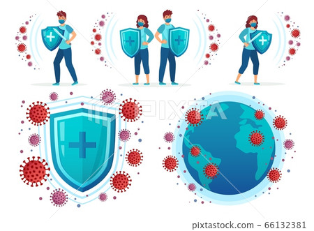 Protect from corona virus. People fight Covid-19, health shield vs virus and coronavirus around world globe vector illustration set Protect from corona virus. People fight Covid-19, health shield vs virus and coronavirus around world globe vector illustration set 66132381