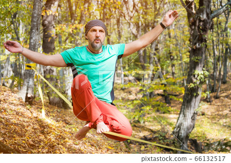 A bearded man aged balancing on a slackline in the autumn forest on a sunny day. The concept of sports leisure at the age of forty 66132517