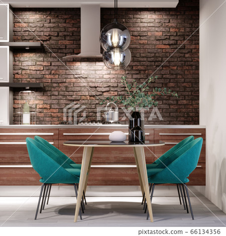 Newly designed kitchen with dining room, loft 66134356