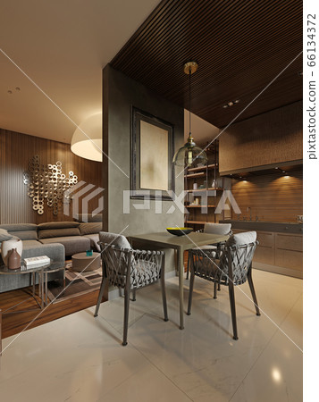 Dining room with contemporary style kitchen in 66134372