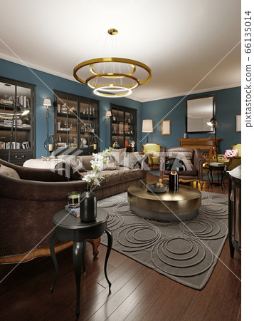 A modern eclectic living room in dark colors, with A modern eclectic living room in dark colors, with 66135014