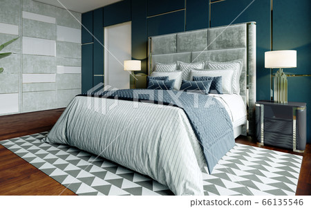Designer bedroom in blue and white with brown Designer bedroom in blue and white with brown 66135546