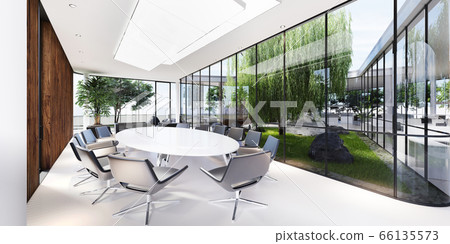 Meeting room with a large white table and black 66135573