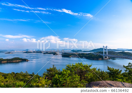 "Okayama Prefecture" Seto Ohashi in the blue sky, early summer "From Washuyama" "Okayama Prefecture" Seto Ohashi in the blue sky, early summer "From Washuyama" 66136492