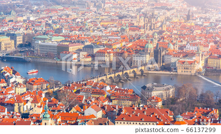 Charles Bridge, Czech: Karluv most, over Vltava River in Prague. Aerial view from Petrin Tower, Prague, Czech Republic Charles Bridge, Czech: Karluv most, over Vltava River in Prague. Aerial view from Petrin Tower, Prague, Czech Republic 66137299