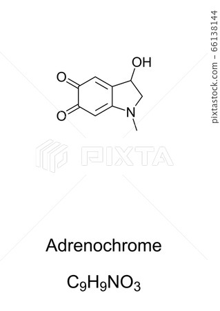 Adrenochrome molecule, skeletal formula and structure. Chemical compound produced by oxidation of adrenaline (epinephrine). Also a component of several conspiracy theories. Structural formula. Vector. 66138144