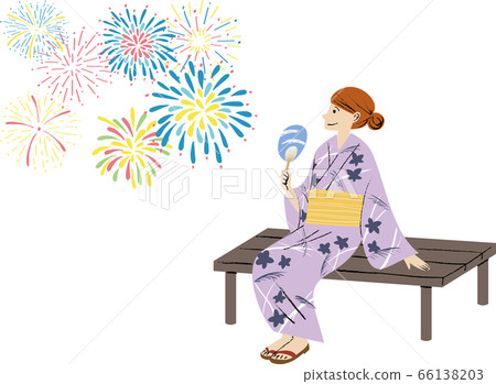 穿著浴衣的女人看著煙花[白色背景] 66138203