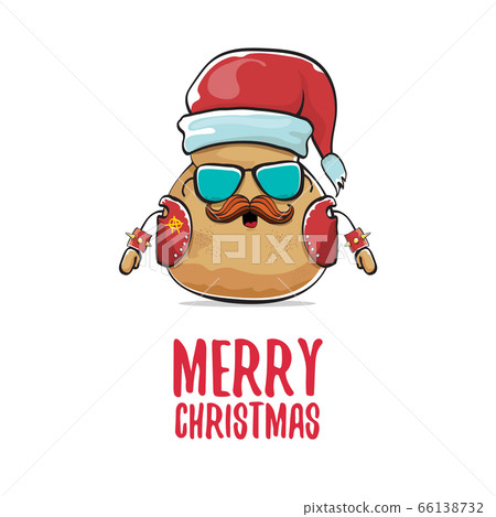 vector rock star santa potato funny cartoon cute character with with red santa hat and calligraphic merry christmas text isolated on white background. rock n roll christmas party poster 66138732