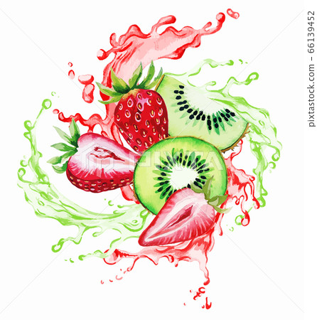 Strawberry and qiwi in the splash of red and green juice 66139452