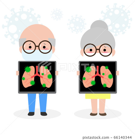 Senior Couple gets with the coronavirus or COVID 19 Old Man and woman holds x-ray of lungs. Old people quarantine Prevent infection spreading isolated on white background vector illustration Senior Couple gets with the coronavirus or COVID 19 Old Man and woman holds x-ray of lungs. Old people quarantine Prevent infection spreading isolated on white background vector illustration 66140344